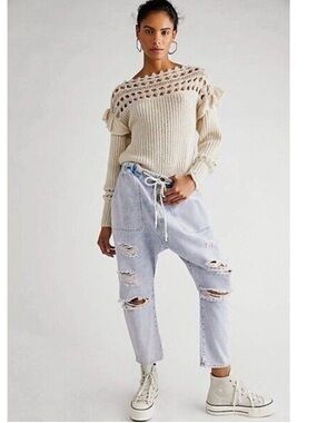 One Teaspoon Drop Crotch Light Blue Shabby Kingpin Distressed Boyfriend Jeans M